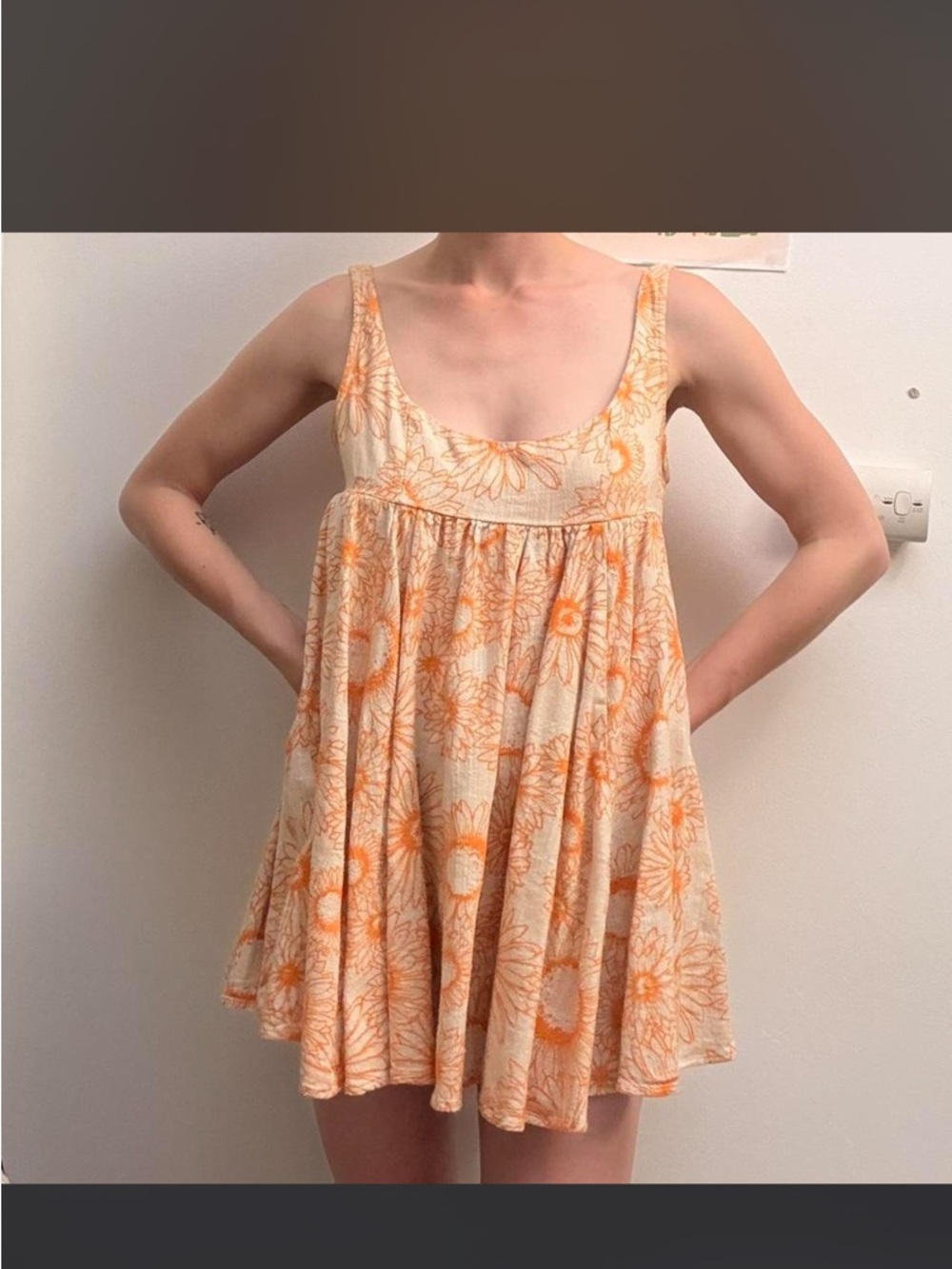 Urban Outfitters Floral Smocked Babydoll Mini Dress in Cream & Orange